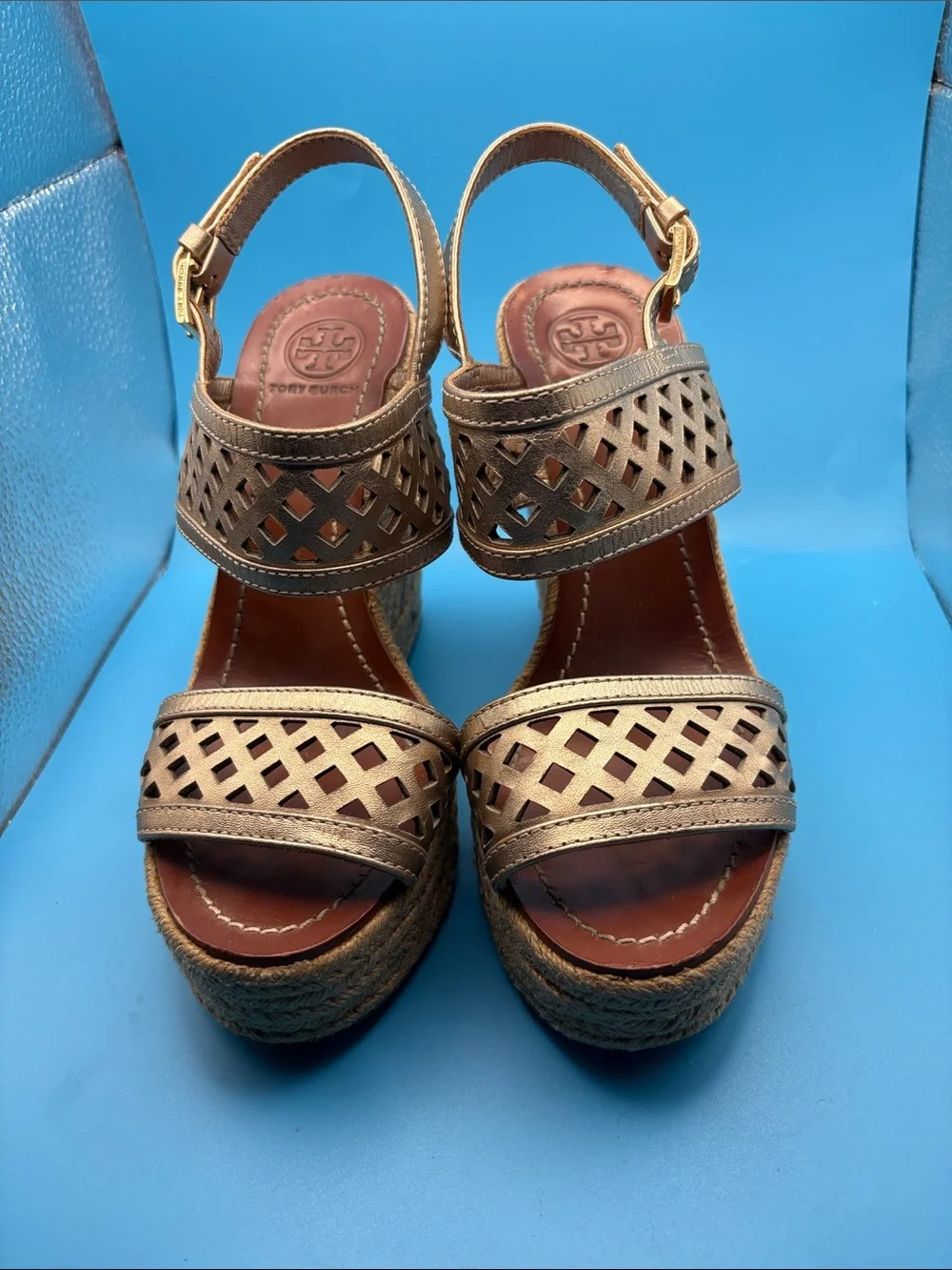 Tory Burch Metallic Bronze Laser-Cut Wedge Sandals